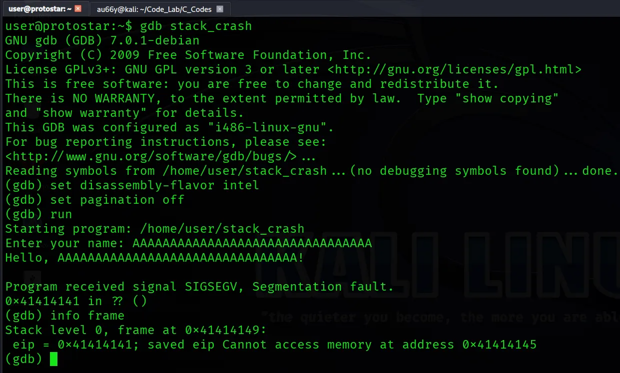 GDB stack crash